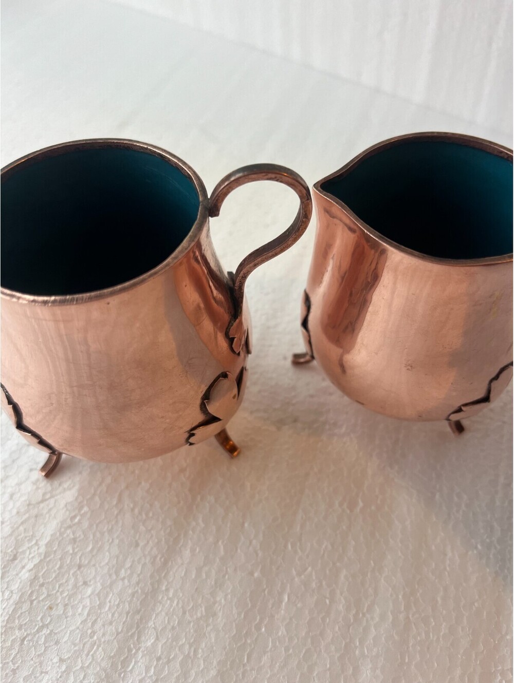 Copper Tone Creamer & Sugar Bowl Set Leaf Detail Footed Cottagecore Tea Decor